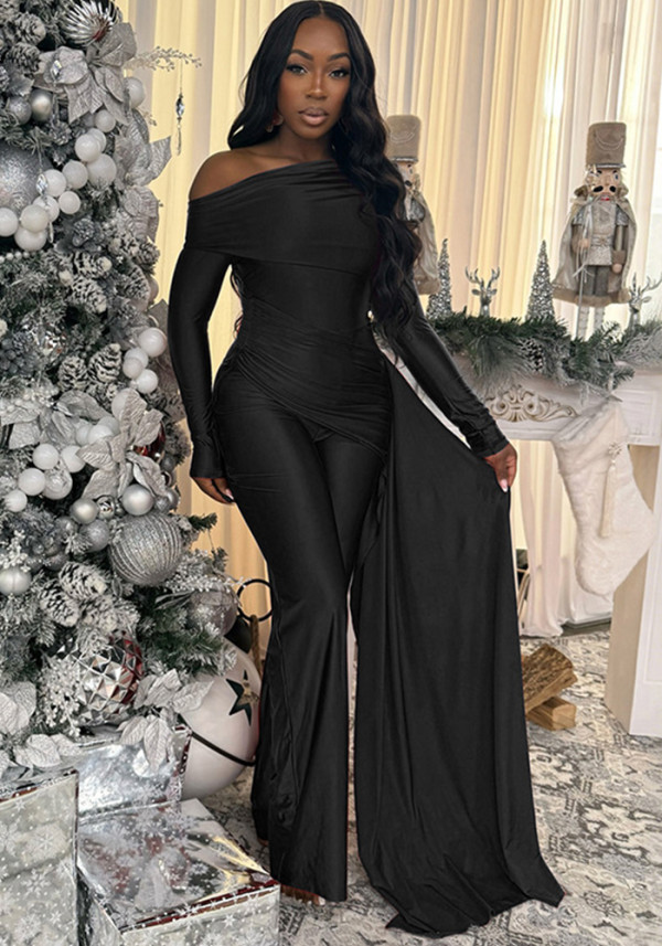 Women Autumn/Winter One-Shoulder Ribbon Loose Straight-Leg Long Jumpsuit