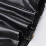 Women Leopard Fuzzy Patchwork Leather Strapless Top Sexy Bodycon Skirt Two-Piece Set