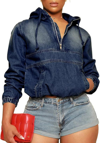 Women Autumn Loose Casual Washed Zip-Up Irregular Hooded Denim Jacket