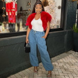 Women Zippered Jogger Casual Denim Pants