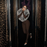 Women Fall/Winter V-Neck Furry Patchwork Shawl Collar Solid Long-Sleeved Jumpsuit