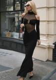 Women High-Neck Off-Shoulder Long-Sleeve See-Through Mesh Patchwork Leaf Dress