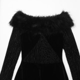 Women Sexy Off-Shoulder Fur Collar Long-Sleeve Mesh Dress