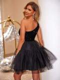 Women Sequined Mesh One-Shoulder Dress