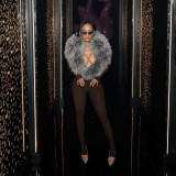 Women Fall/Winter V-Neck Furry Patchwork Shawl Collar Solid Long-Sleeved Jumpsuit
