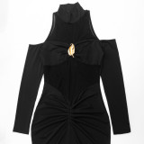 Women High-Neck Off-Shoulder Long-Sleeve See-Through Mesh Patchwork Leaf Dress