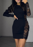 Women Round Neck Long-Sleeved Hollow-Out Lace Sleeve Patchwork Dress