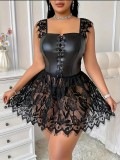 Plus Size Women Lace Patchwork Pu-Leather Bodycon Dress Sexy Lingerie