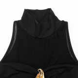 Women High-Neck Off-Shoulder Long-Sleeve See-Through Mesh Patchwork Leaf Dress