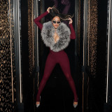 Women Fall/Winter V-Neck Furry Patchwork Shawl Collar Solid Long-Sleeved Jumpsuit