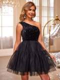 Women Sequined Mesh One-Shoulder Dress