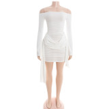 Women Sexy Off-Shoulder Long-Sleeve Solid Ribbon Mini Dress