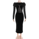 Women Sexy Off-Shoulder Fur Collar Long-Sleeve Mesh Dress