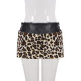 Women Leopard Fuzzy Patchwork Leather Strapless Top Sexy Bodycon Skirt Two-Piece Set