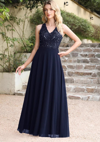 Women V-Neck Sleeveless Slit Sequined Flowy Formal Party Evening Dress（Processing time need 3-6 days）