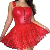 Plus Size Women Lace Patchwork Pu-Leather Bodycon Dress Sexy Lingerie
