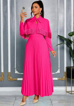 Women Elegant Bow Tassel Shawl V-Neck Formal Party Pleated Dress