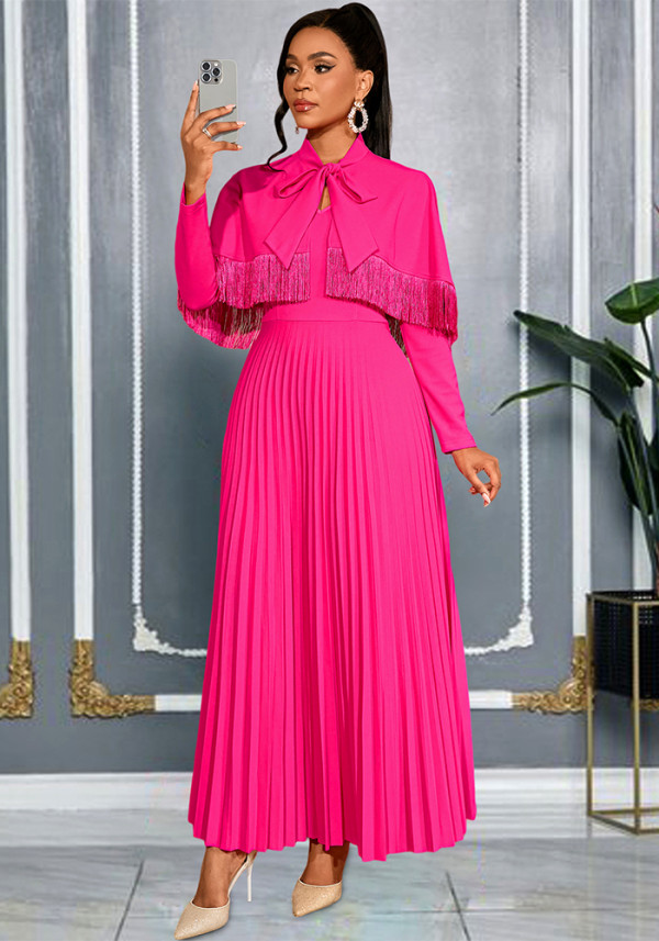 Women Elegant Bow Tassel Shawl V-Neck Formal Party Pleated Dress
