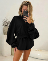 Women Fall/Winter Solid Casual Long-Sleeved Hoodies and Shorts Two-Piece Set