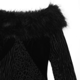 Women Sexy Off-Shoulder Fur Collar Long-Sleeve Mesh Dress