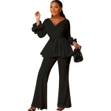 Women Solid Lace-Up Ruffle Edge Cuff V-Neck Top and Bell Bottom Pant Two-Piece Set