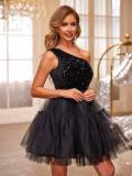 Women Sequined Mesh One-Shoulder Dress