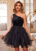 Women Sequined Mesh One-Shoulder Dress