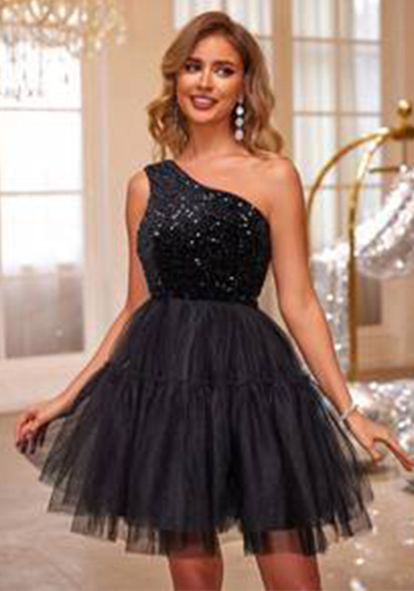 Women Sequined Mesh One-Shoulder Dress