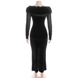 Women Sexy Off-Shoulder Fur Collar Long-Sleeve Mesh Dress
