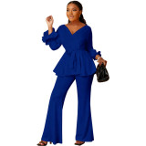 Women Solid Lace-Up Ruffle Edge Cuff V-Neck Top and Bell Bottom Pant Two-Piece Set