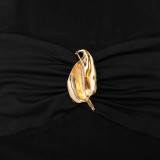 Women High-Neck Off-Shoulder Long-Sleeve See-Through Mesh Patchwork Leaf Dress