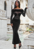 Women Sexy Off-Shoulder Fur Collar Long-Sleeve Mesh Dress