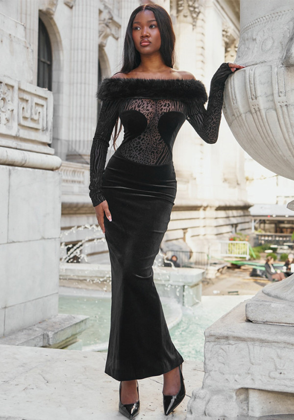 Women Sexy Off-Shoulder Fur Collar Long-Sleeve Mesh Dress