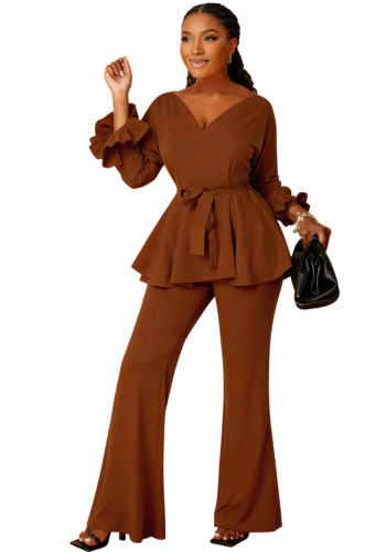 Women Solid Lace-Up Ruffle Edge Cuff V-Neck Top and Bell Bottom Pant Two-Piece Set