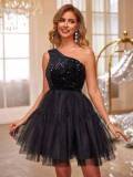 Women Sequined Mesh One-Shoulder Dress