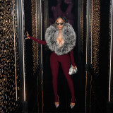 Women Fall/Winter V-Neck Furry Patchwork Shawl Collar Solid Long-Sleeved Jumpsuit