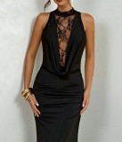 Women Sexy Lace Patchwork Solid Sleeveless Dress