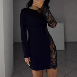 Women Round Neck Long-Sleeved Hollow-Out Lace Sleeve Patchwork Dress
