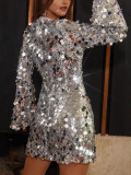 Women Sequined Long-Sleeved Round Neck Formal Party Dress