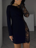 Women Round Neck Long-Sleeved Hollow-Out Lace Sleeve Patchwork Dress