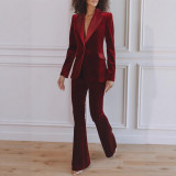 Women Autumn/Winter Long-Sleeved Veet Blazer and Pant Two-Piece Set