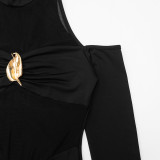 Women High-Neck Off-Shoulder Long-Sleeve See-Through Mesh Patchwork Leaf Dress