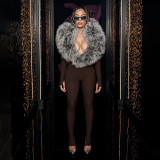 Women Fall/Winter V-Neck Furry Patchwork Shawl Collar Solid Long-Sleeved Jumpsuit