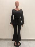 Women Solid Lace-Up Ruffle Edge Cuff V-Neck Top and Bell Bottom Pant Two-Piece Set