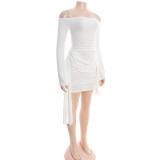 Women Sexy Off-Shoulder Long-Sleeve Solid Ribbon Mini Dress