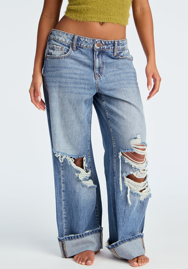 Women's Spring Washed Blue High-Waist Ripped Straight-Leg Denim Pants