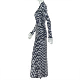 Women's Cut-Out Striped Halter Neck Long Sleeve Printed Bodycon Dress