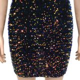 Women's Fashion Sexy Strap Sequin Mesh See-Through Zipper Midi Dress