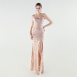 Plus Size Beaded Sequin Slim Waist Evening Gown