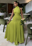 Women's Spring Fashion Halter Neck Slim Waist Ruched Solid Color Gown Dress